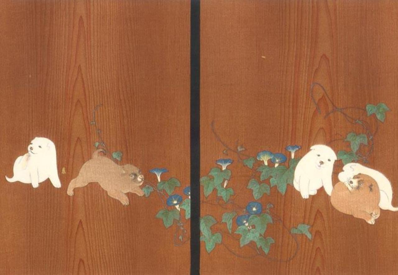 円山応挙『朝顔狗子図杉戸』、東京国立博物館