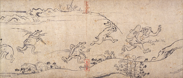 『鳥獣人物戯画』甲巻より、逃げるサルを追うウサギとカエル