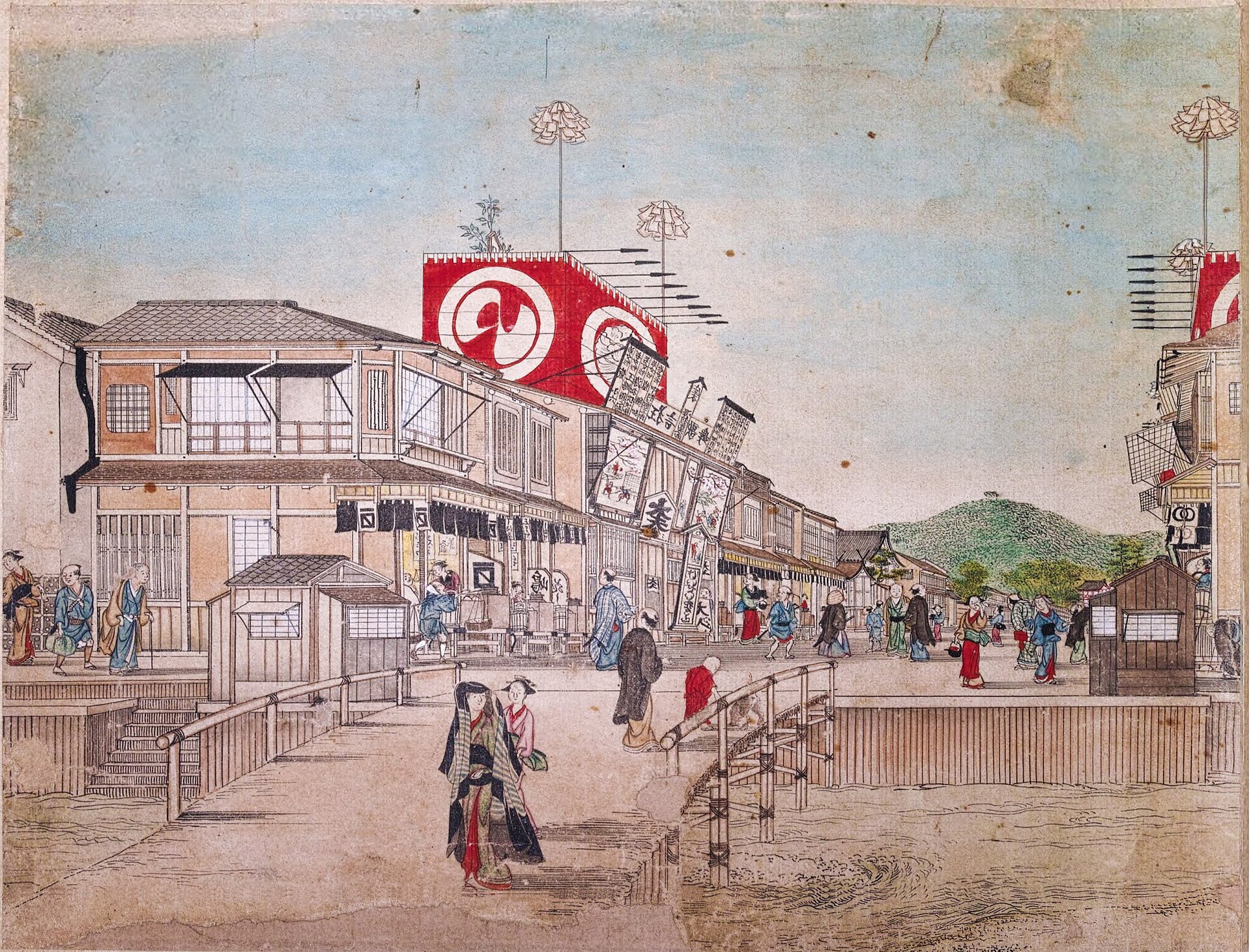 円山応挙による眼鏡絵。京都・四条の芝居小屋の前の通りを、西洋式の遠近法で描いている(Photo: Ismoon / CC BY-SA 4.0)