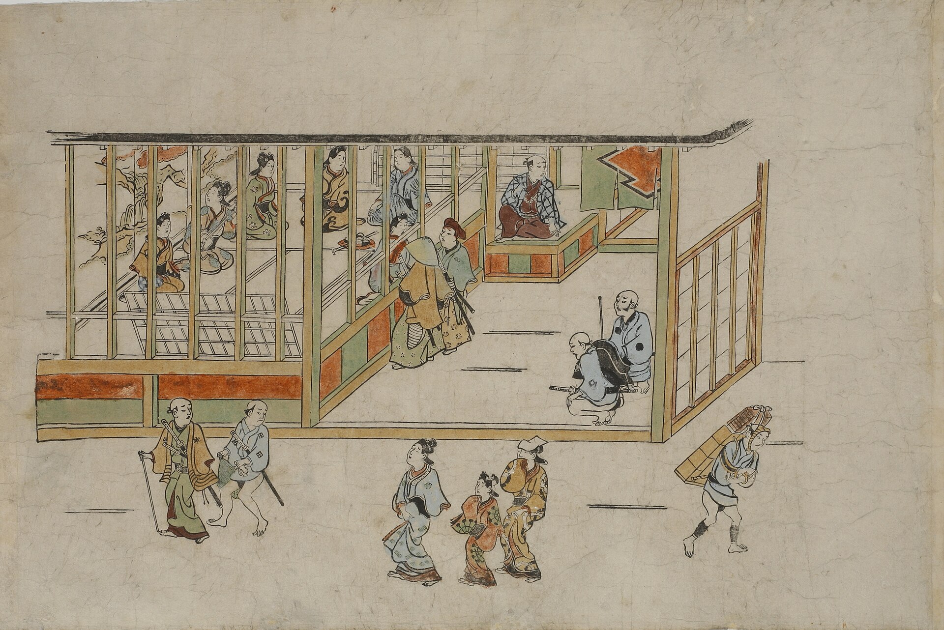 菱川師宣の木版画（1680年ごろ）。格子の向こうに遊女が並ぶ吉原の店先