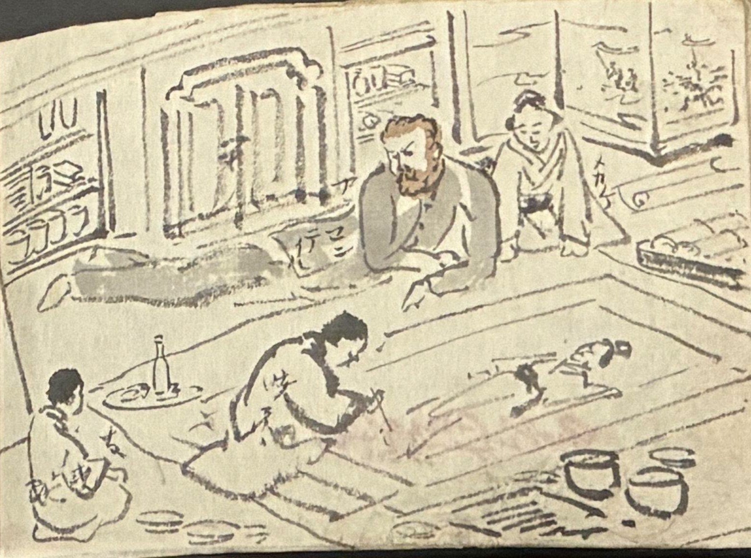 暁斎の絵日記に描かれたジョサイア・コンドル（奥の西洋人）。床に広げた紙に向かう人物をのぞきこんでいる