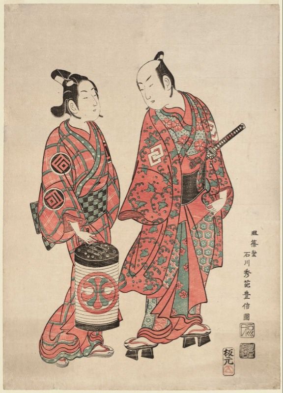 石川豊信の紅摺絵(1740年代)。紅と緑を中心に、ごく少ない色で刷られている(ボストン美術館)