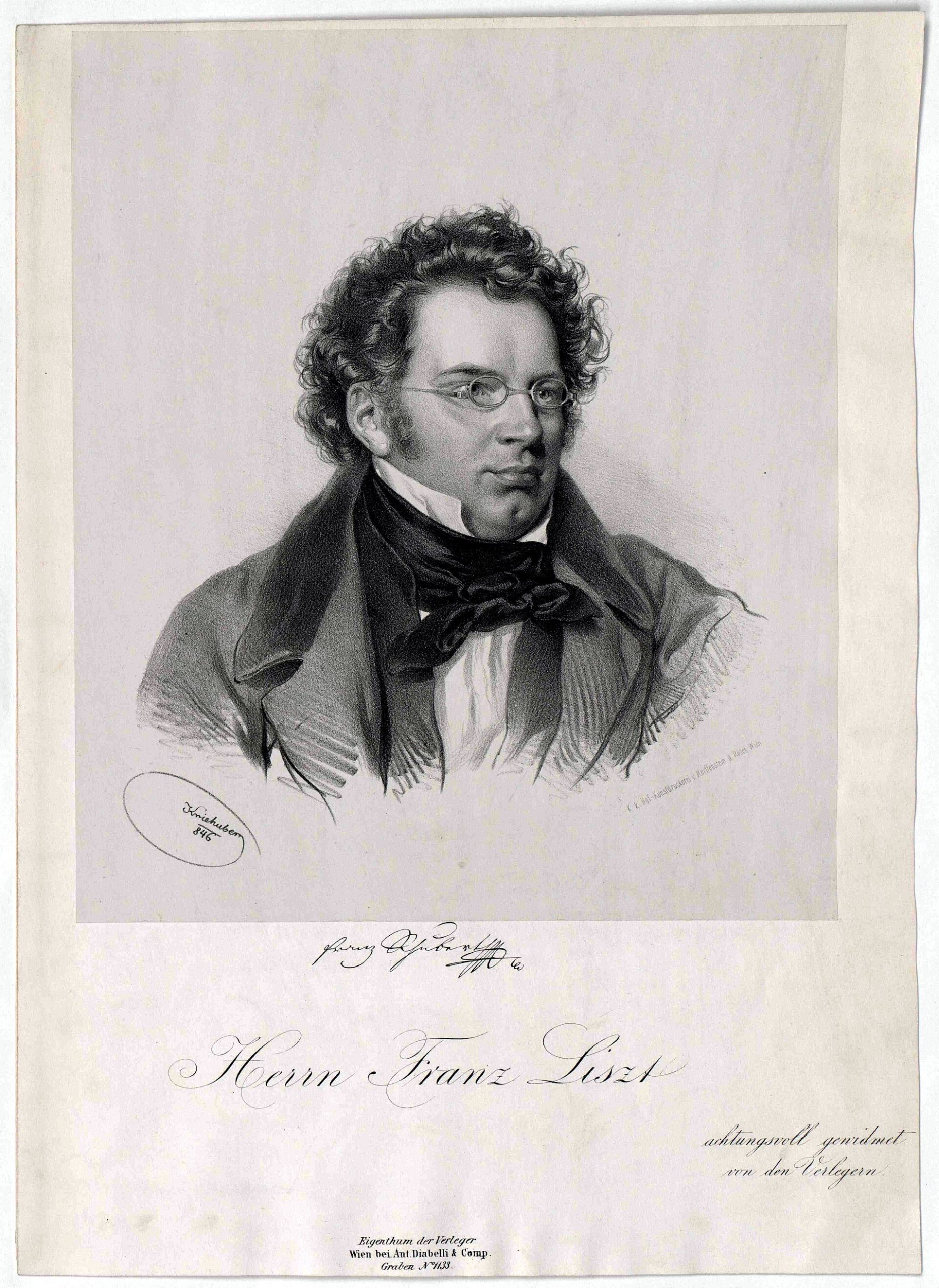 ヨーゼフ・クリーフーバーによるフランツ・シューベルトの肖像（1846年、石版画）