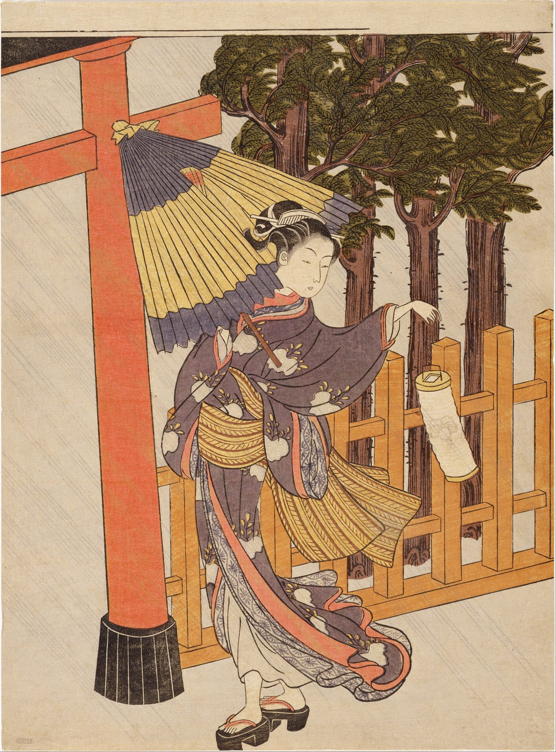 鈴木春信「雨の夜、神社に参る娘」(明和年間)
