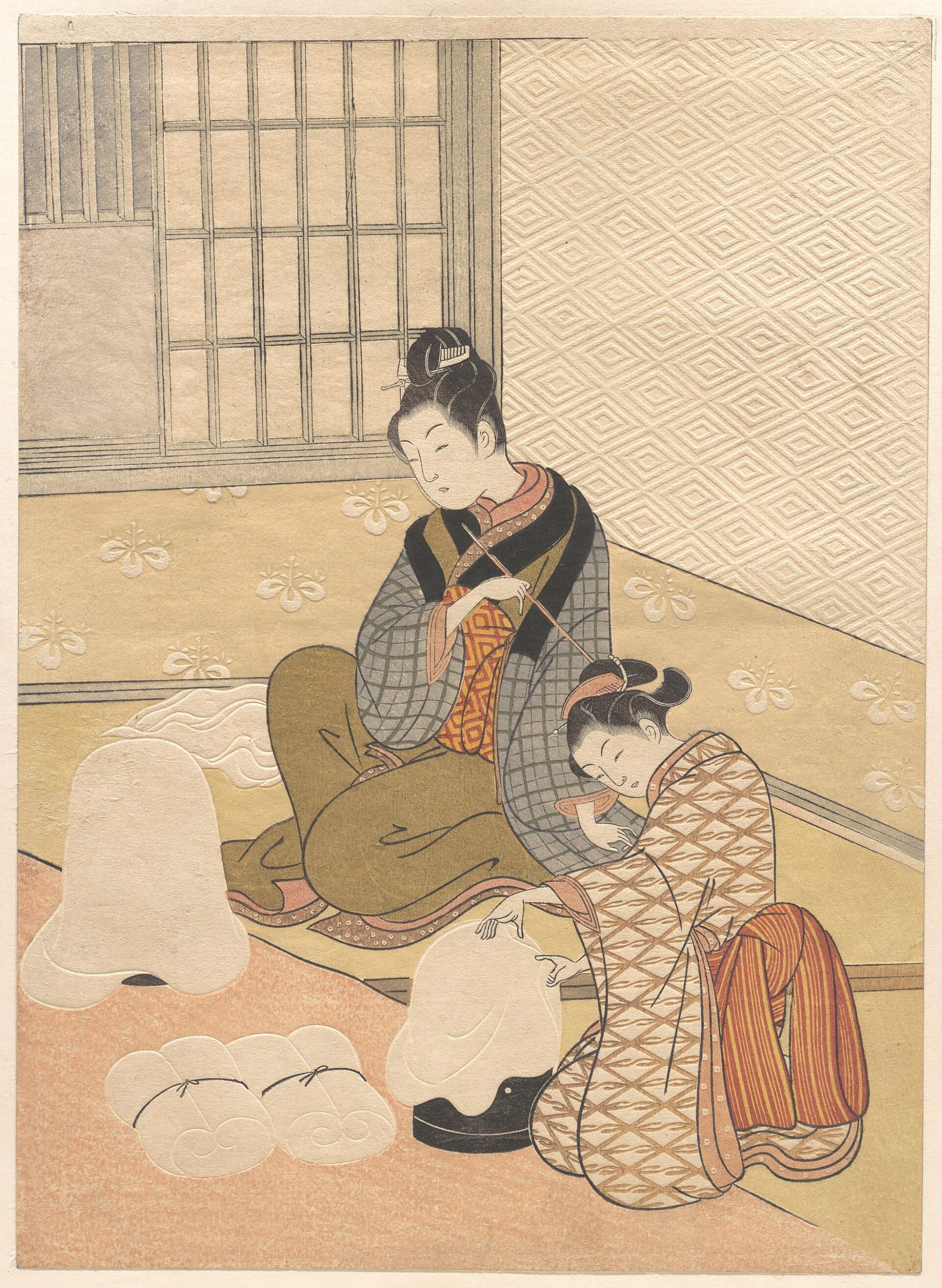 鈴木春信『坐鋪八景 塗桶の暮雪』1766年ごろ。白い部分は紙を凹凸に押し出して表している