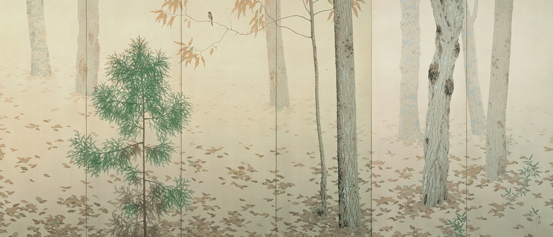 菱田春草『落葉』（六曲一双のうち一隻）1909年、永青文庫（重要文化財）