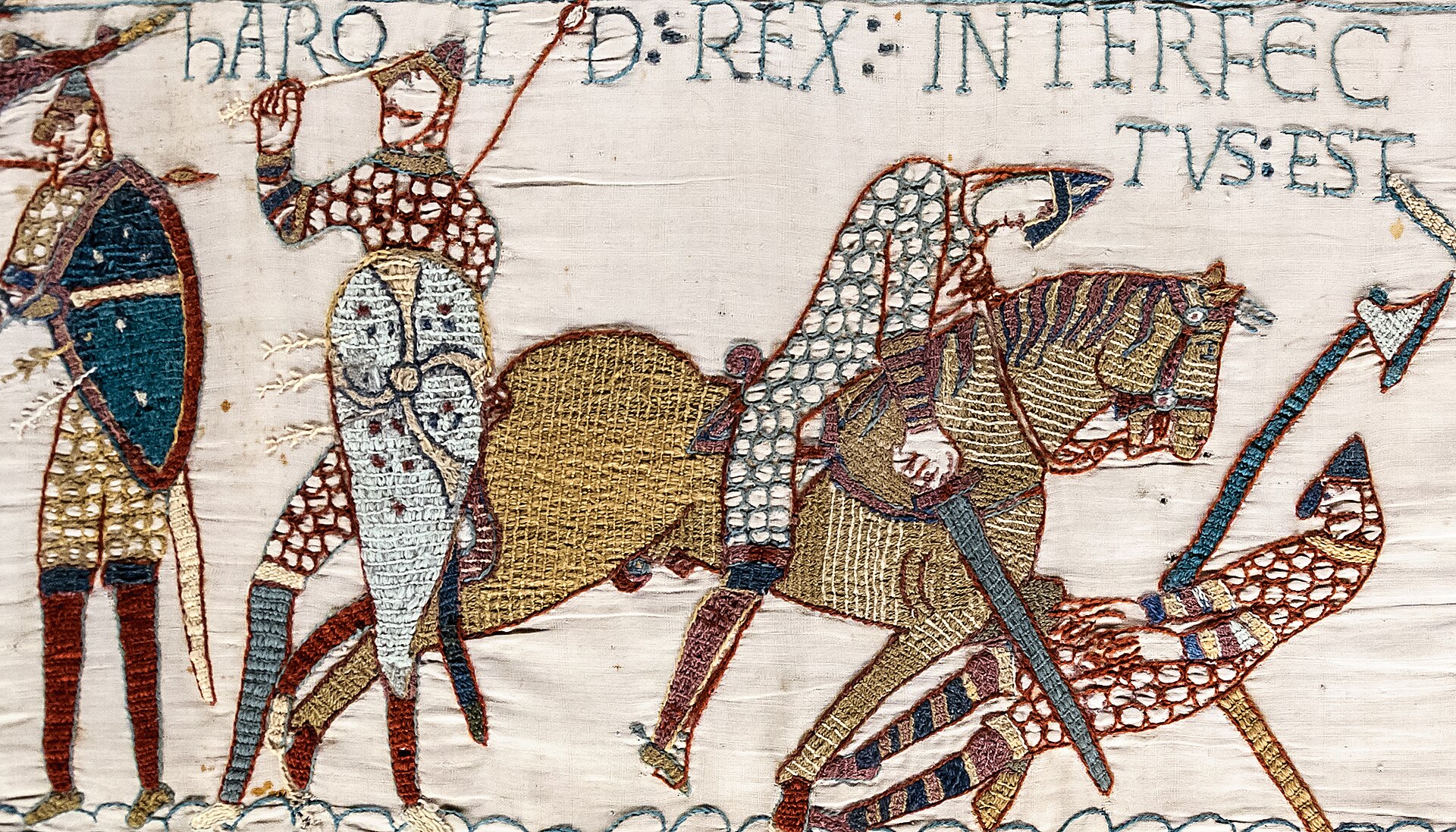 ハロルドの死の場面。上に「HAROLD REX INTERFECTUS EST（ハロルド王、殺される）」の文字（場面57）