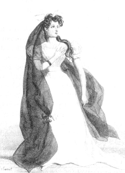 オフィーリアに扮したハリエット・スミッソン（1827年ごろの版画）
