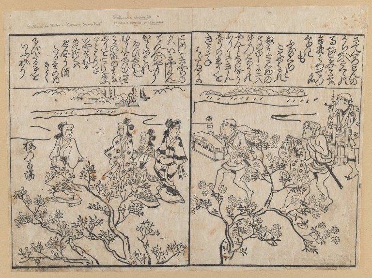 菱川師宣が挿絵を描いた絵本の一場面（花見）、ブルックリン美術館