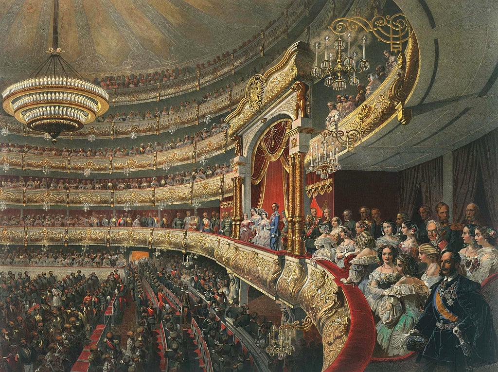 1856年のモスクワ・ボリショイ劇場の客席（ミハーイ・ジチ画）