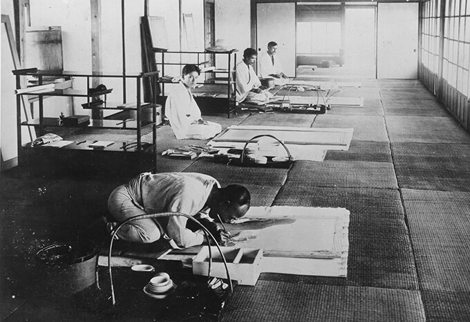 茨城県五浦の日本美術院研究所で制作する木村武山、菱田春草、横山大観、下村観山